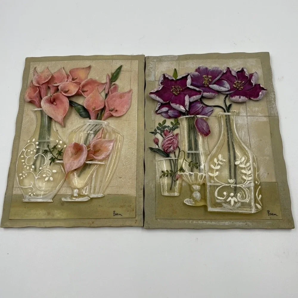 Baem Signed 3D Floral Relief Wall Plaques Set of 2 Calla Lily Purple Flowers 7in